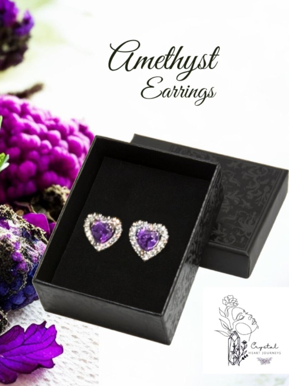 Amethyst Heart Earrings, Crystal Earrings, Purple Crystals